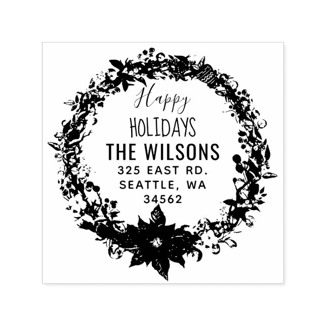 Rustic Poinsettia Wreath Holidays Return Address Self-inking Stamp (Design)