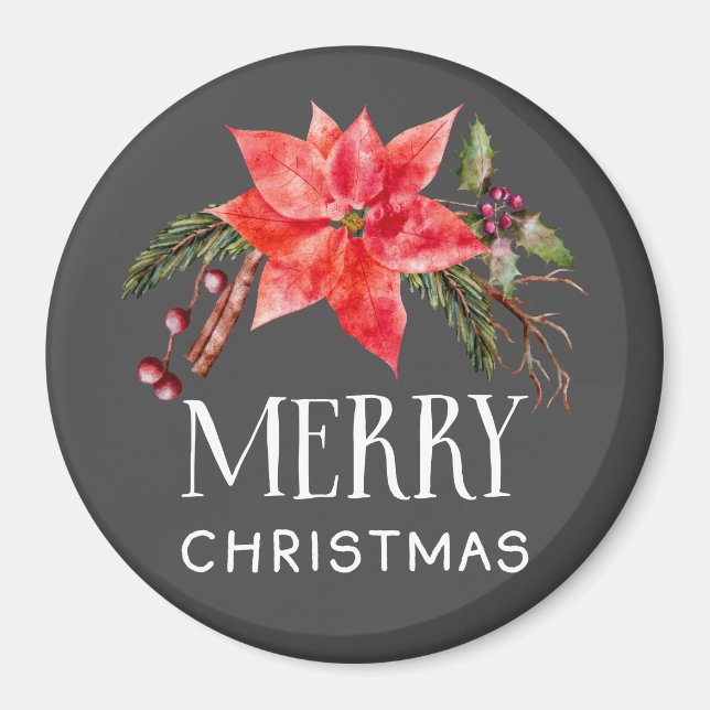 Rustic Poinsettia Wreath Merry Christmas Magnet (Front)