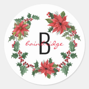 Rustic Poinsettia Wreath Monogrammed Christmas Classic Round Sticker