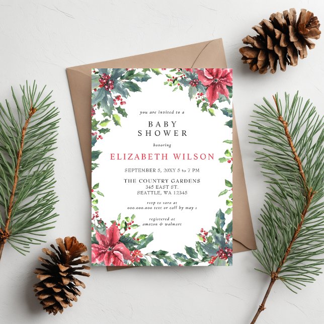 Rustic Poinsettias Holly Christmas Baby Shower  Invitation (Rustic Poinsettias Holly Christmas Baby Shower Invitation)