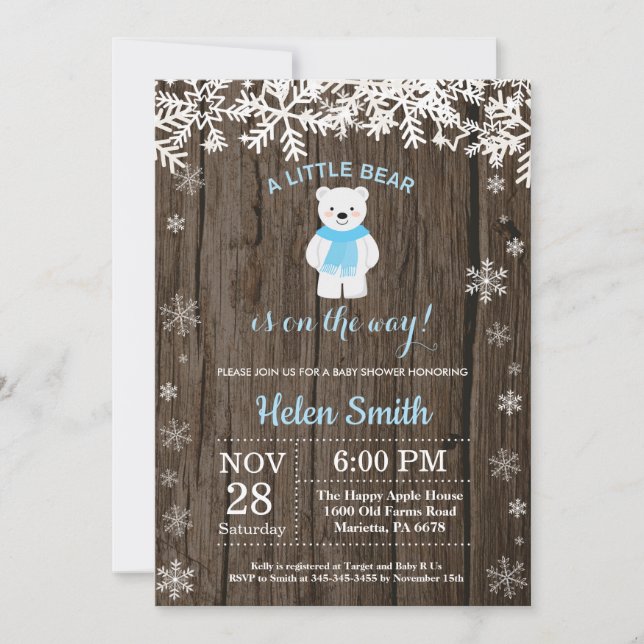Rustic Polar Bear Winter Boy Baby Shower Invitation (Front)