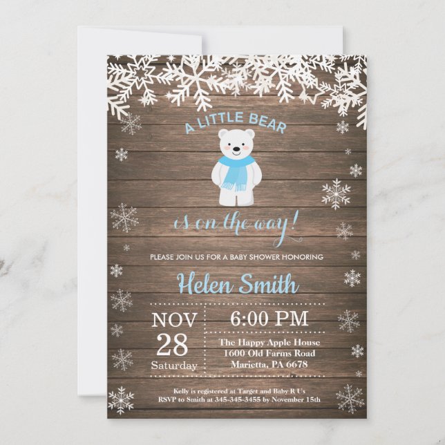 Rustic Polar Bear Winter Boy Baby Shower Invitation (Front)
