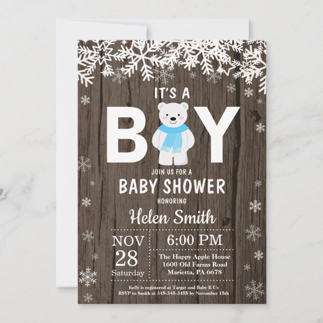 Rustic Polar Bear Winter Boy Baby Shower Invitation (Front)