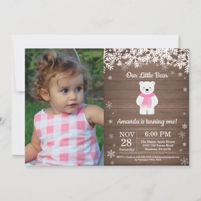 Rustic Polar Bear Winter Girl Birthday Photo Invitation (Front)