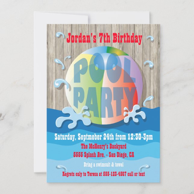 Rustic Pool Party Invitation with Beach Ball (Front)