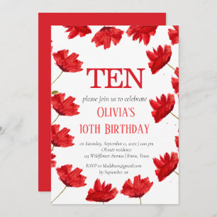 Rustic Poppy 10th Birthday Wildflower Red Floral Invitation