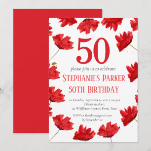 Rustic Poppy 50th Birthday Wildflower Red Floral Invitation