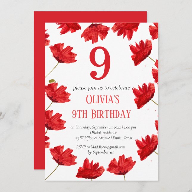 Rustic Poppy 9th Birthday Wildflower Red Floral Invitation (Front/Back)