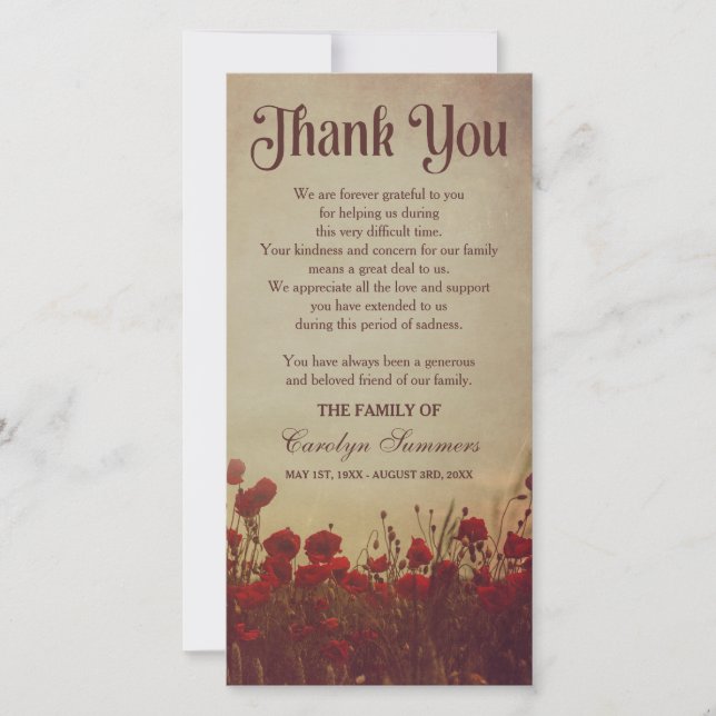 Rustic Poppy Field | Sympathy Thank You Card (Front)