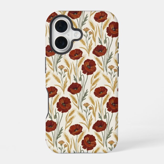 Rustic Poppy Harvest – Vintage Red Wildflower iPhone 16 Case (Back)