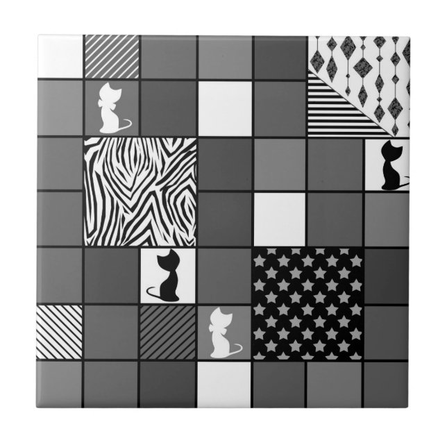 Rustic, Popular, Black and white, Patchwork, Simpl Ceramic Tile (Front)