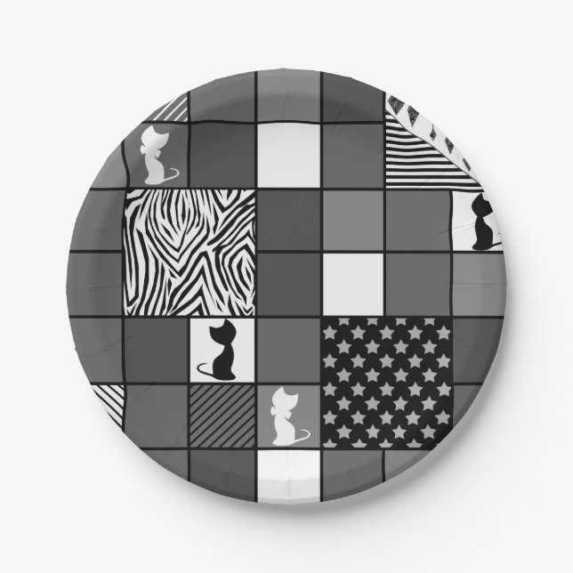 Rustic, Popular, Black and white, Patchwork, Simpl Paper Plate (Front)