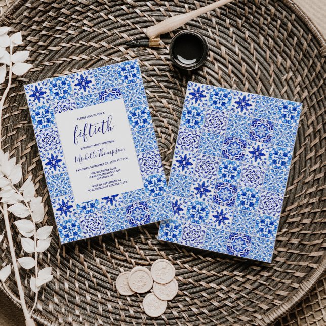 Rustic Portuguese Tile Blue White 50th Birthday Invitation (Creator Uploaded)