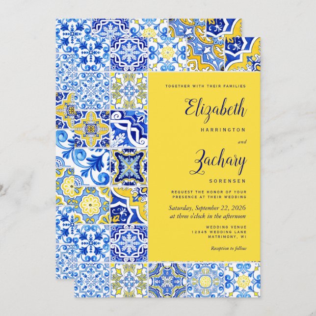 Rustic Portuguese Tile Blue Yellow Wedding Invitation (Front/Back)