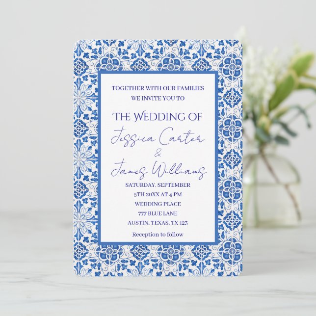Rustic Portuguese Tiles Mediterranean Wedding Invitation (Standing Front)