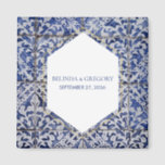 Rustic Portuguese Tiles Wedding Favour Magnet<br><div class="desc">This design features rustic Portuguese tile patterns. The wedding text is elegantly framed with a white and gold colour geometric shape. Unique Azulejo blue and white floral wedding favour design with modern elements. Matching wedding invitations and other stationery items are also available.</div>