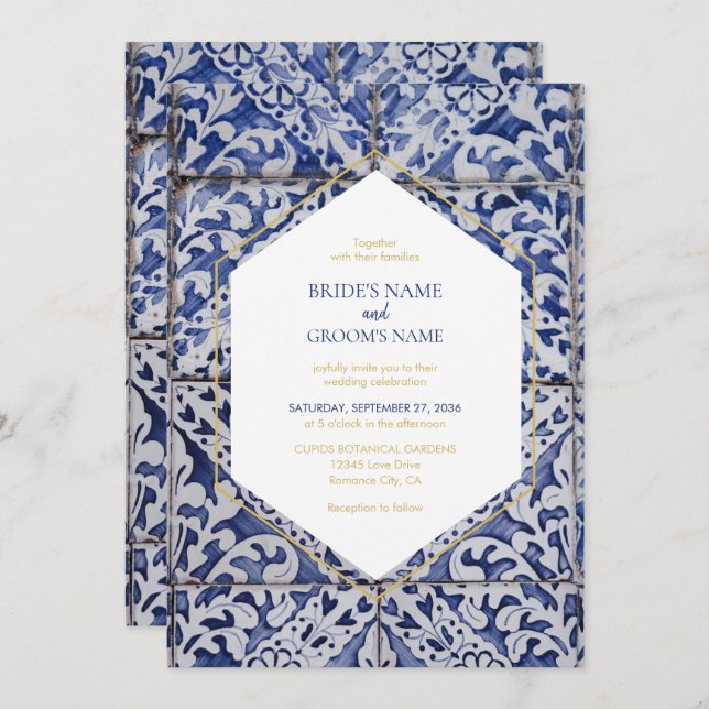 Rustic Portuguese Tiles Wedding Invitations (Front/Back)