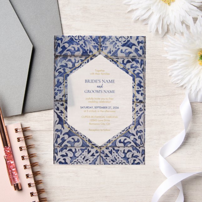 Rustic Portuguese Tiles Wedding Invitations (Wedding)