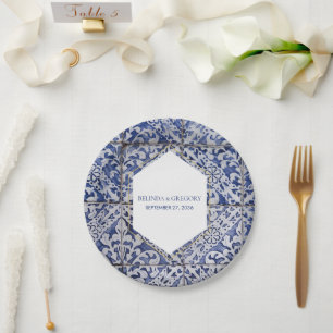 Rustic Portuguese Tiles Wedding Paper Plate