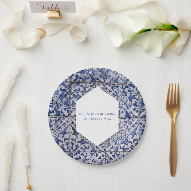 Rustic Portuguese Tiles Wedding Paper Plate (Wedding)