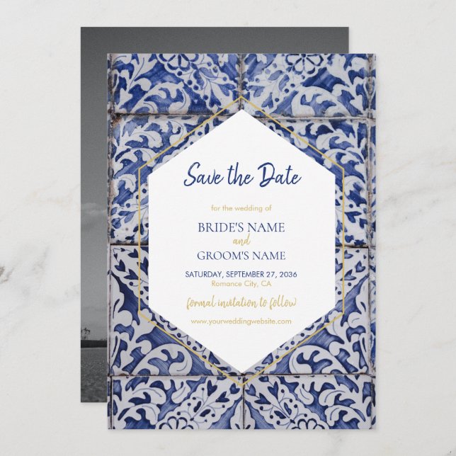 Rustic Portuguese Tiles Wedding Photo Save The Date (Front/Back)