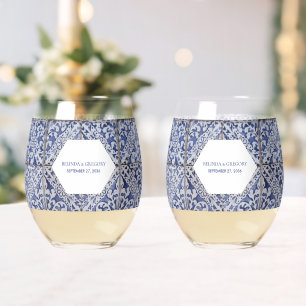 Rustic Portuguese Tiles Wedding Stemless Wine Glass