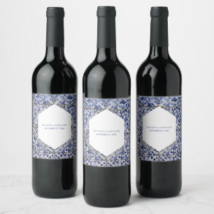 Rustic Portuguese Tiles Wedding Wine Label