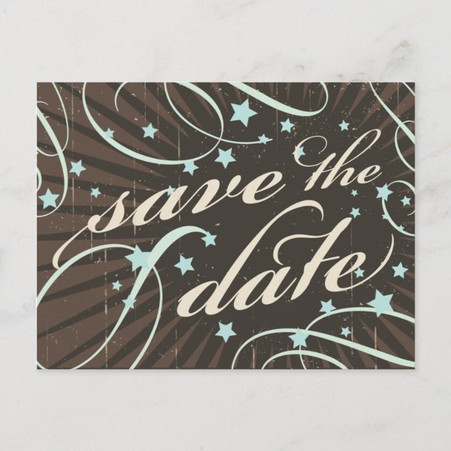 Rustic Poster: Blue & Cocoa Save the Date Announcement Postcard (Front)