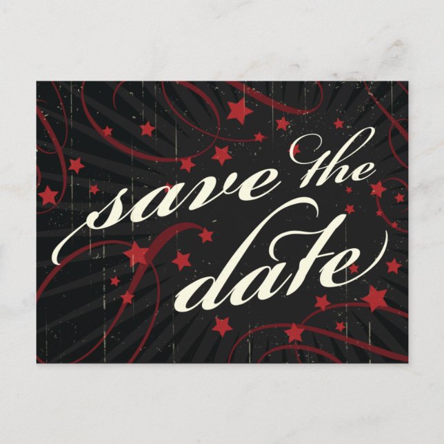 Rustic Poster: Red & Black Save the Date Announcement Postcard (Front)