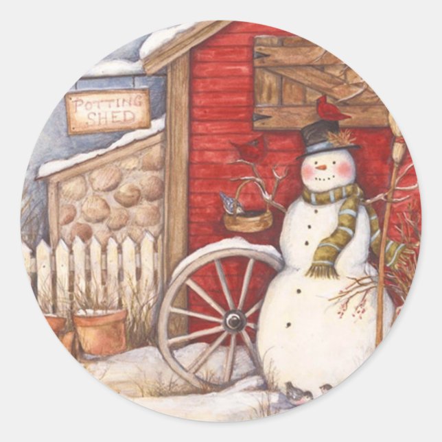 Rustic Potting Shed Christmas Snowman Classic Round Sticker (Front)