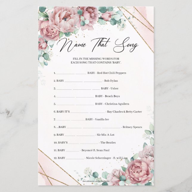 Rustic powder pink roses gold frame Name That Song (Front)