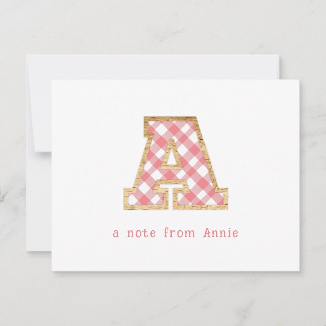 Rustic & Preppy "A" Pink Gingham on Wood Girly Card (Front)
