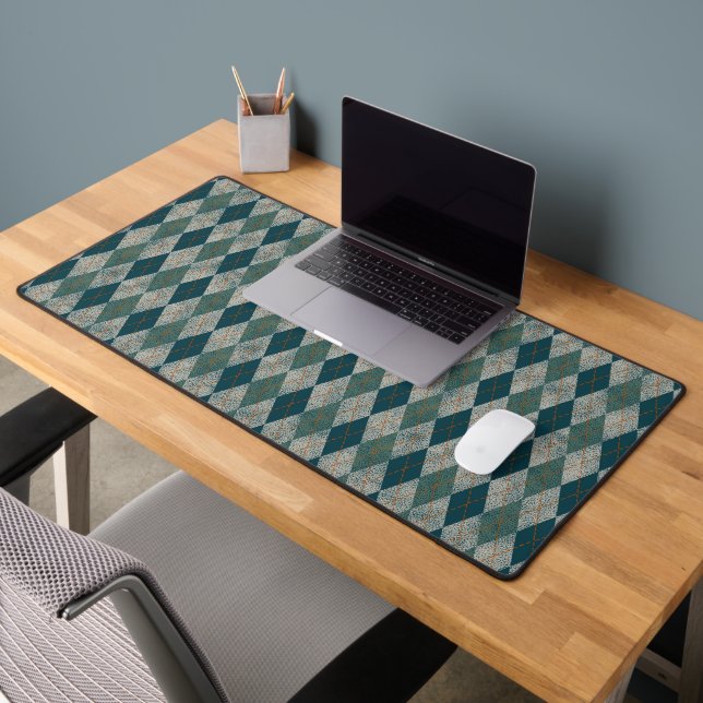 Rustic Preppy Argyle Pattern, Teal, Olive Green Desk Mat (Office 2)