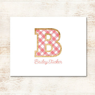 Rustic & Preppy "B" Pink Gingham on Wood Girly Card