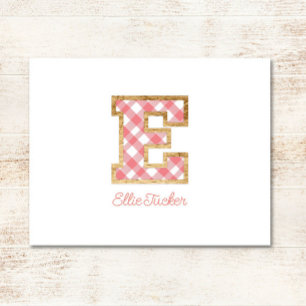 Rustic & Preppy "E" Pink Gingham on Wood Girly Card