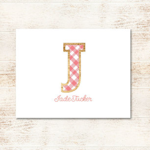Rustic & Preppy "J" Pink Gingham on Wood Girly Card