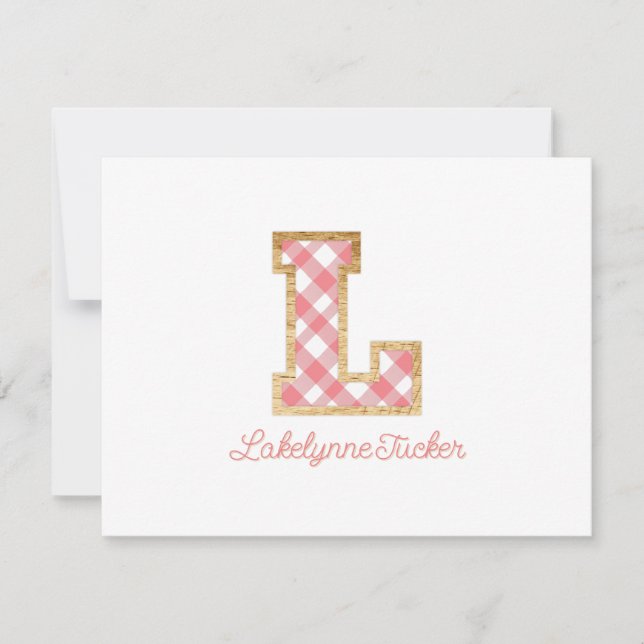 Rustic & Preppy "L" Pink Gingham on Wood Girly Card (Front)