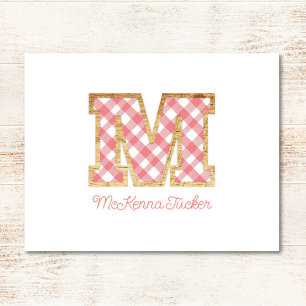 Rustic & Preppy "M" Pink Gingham on Wood Girly Card