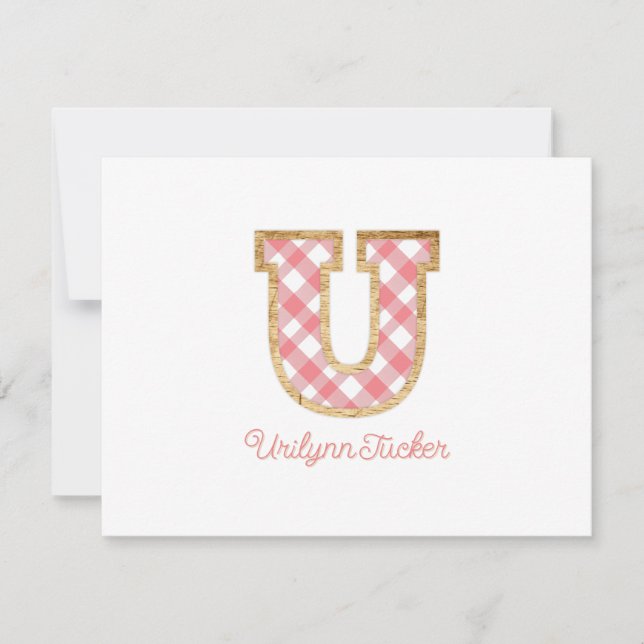 Rustic Preppy Monogram "U" Pink Gingham Wood Girly Card (Front)