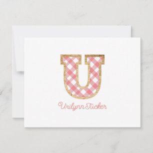 Rustic Preppy Monogram "U" Pink Gingham Wood Girly Card