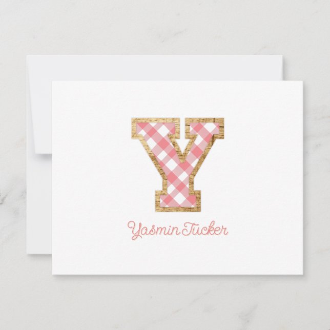 Rustic & Preppy "Y" Pink Gingham on Wood Girly Card (Front)