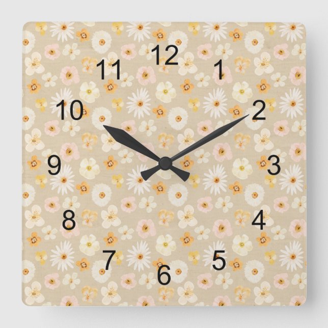 Rustic Pressed Flowers Square Wall Clock (Front)