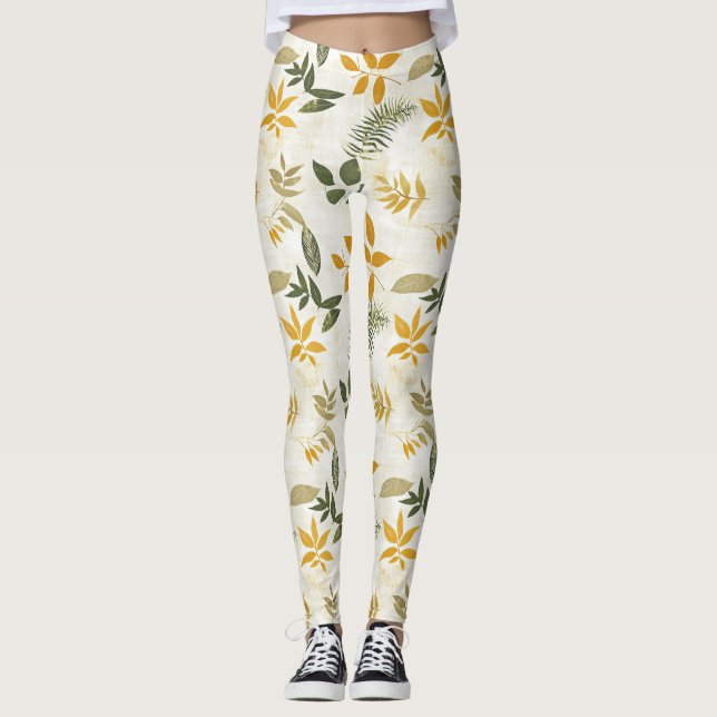 Rustic Pressed Leaves Pattern –Autumn Botanical 12 Leggings (Front)
