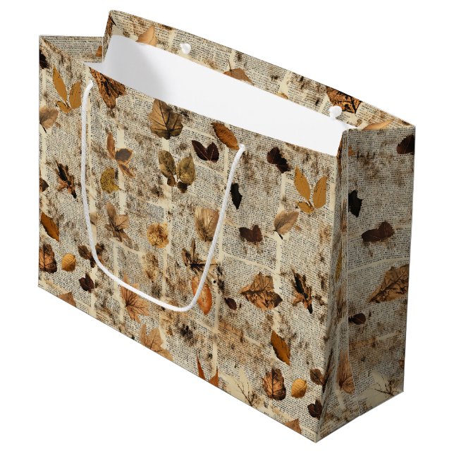 Rustic Pressed Leaves Pattern –Autumn Botanical 16 Large Gift Bag (Front Angled)