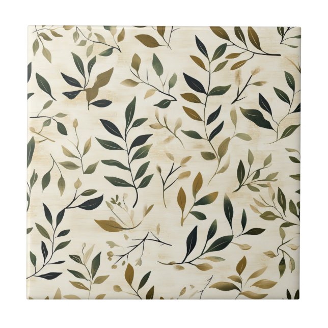Rustic Pressed Leaves Pattern – Autumn Botanical Ceramic Tile (Front)