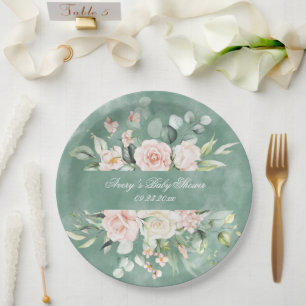 Rustic Pretty Green Floral Watercolor Vintage Paper Plate
