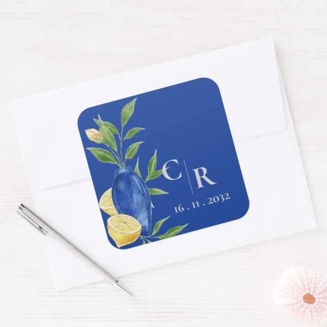 Rustic Pretty Monogram Blue Yellow Lemon Wedding Square Sticker (Envelope)