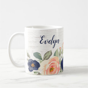 Rustic Pretty Navy Blue, Peach Floral Personalized Coffee Mug