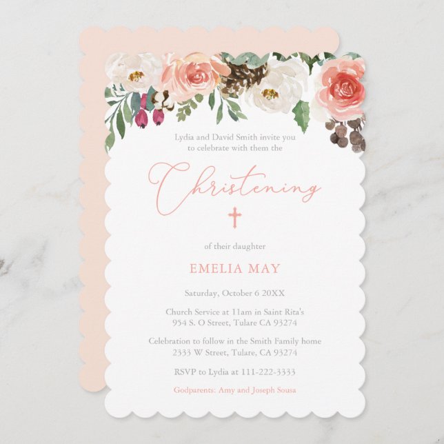 Rustic Pretty Peach Floral Girl Christening Party Invitation (Front/Back)