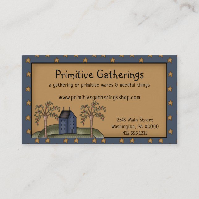 Rustic Primitive Country Saltbox & Stars on Kraft Business Card (Front)